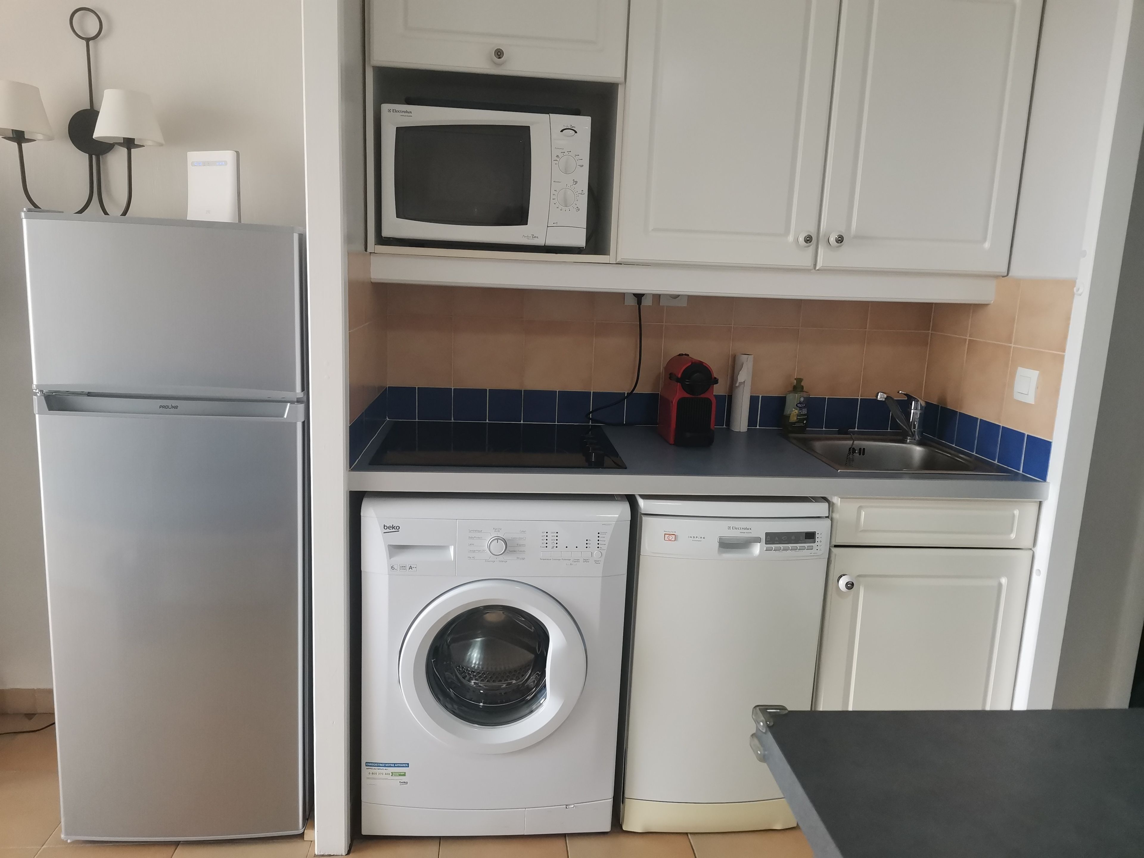 Eine kompakte Küche mit Kühlschrank, Mikrowelle, Waschmaschine und Spüle.