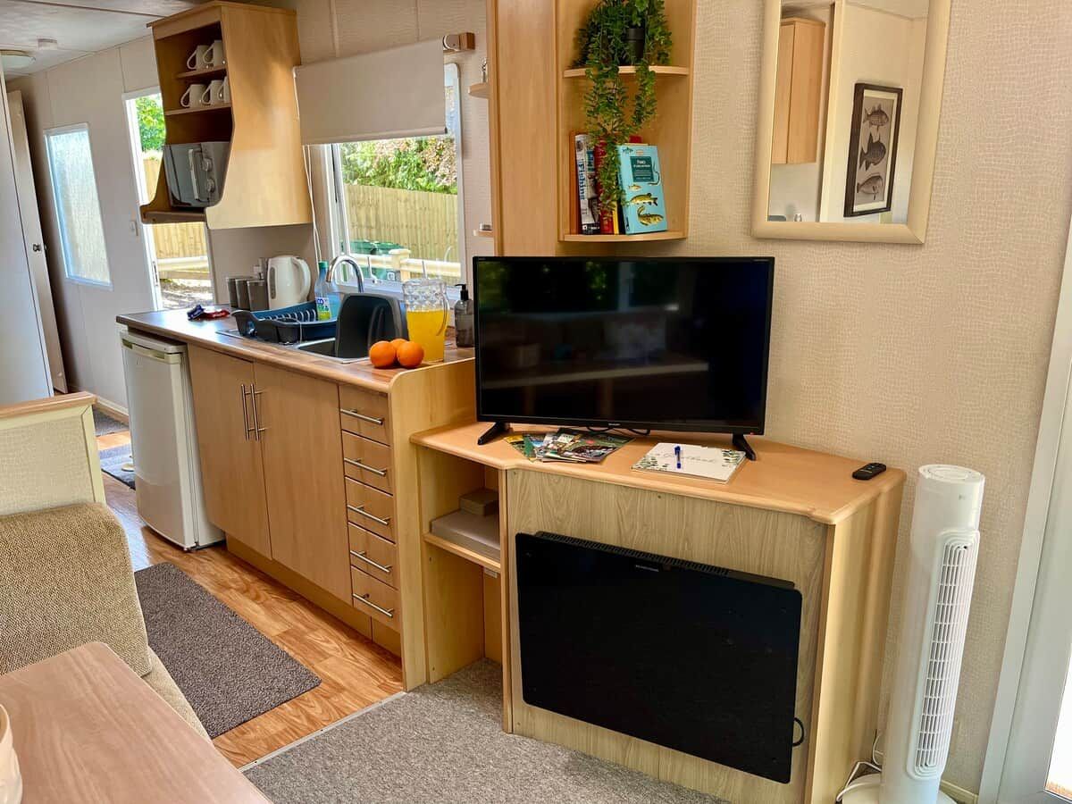 A compact kitchenette with a flat-screen TV, a small refrigerator, and a microwave.