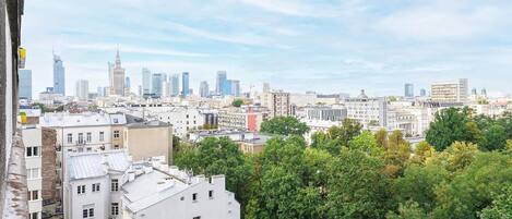 A cityscape with a mix of modern and historic buildings, dense urban greenery, and a clear sky.