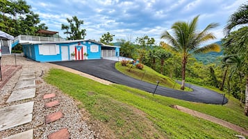 A blue building with a flag, a paved driveway, and a grassy area with palm trees.