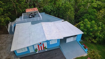 A blue building with a flat roof, surrounded by dense greenery.