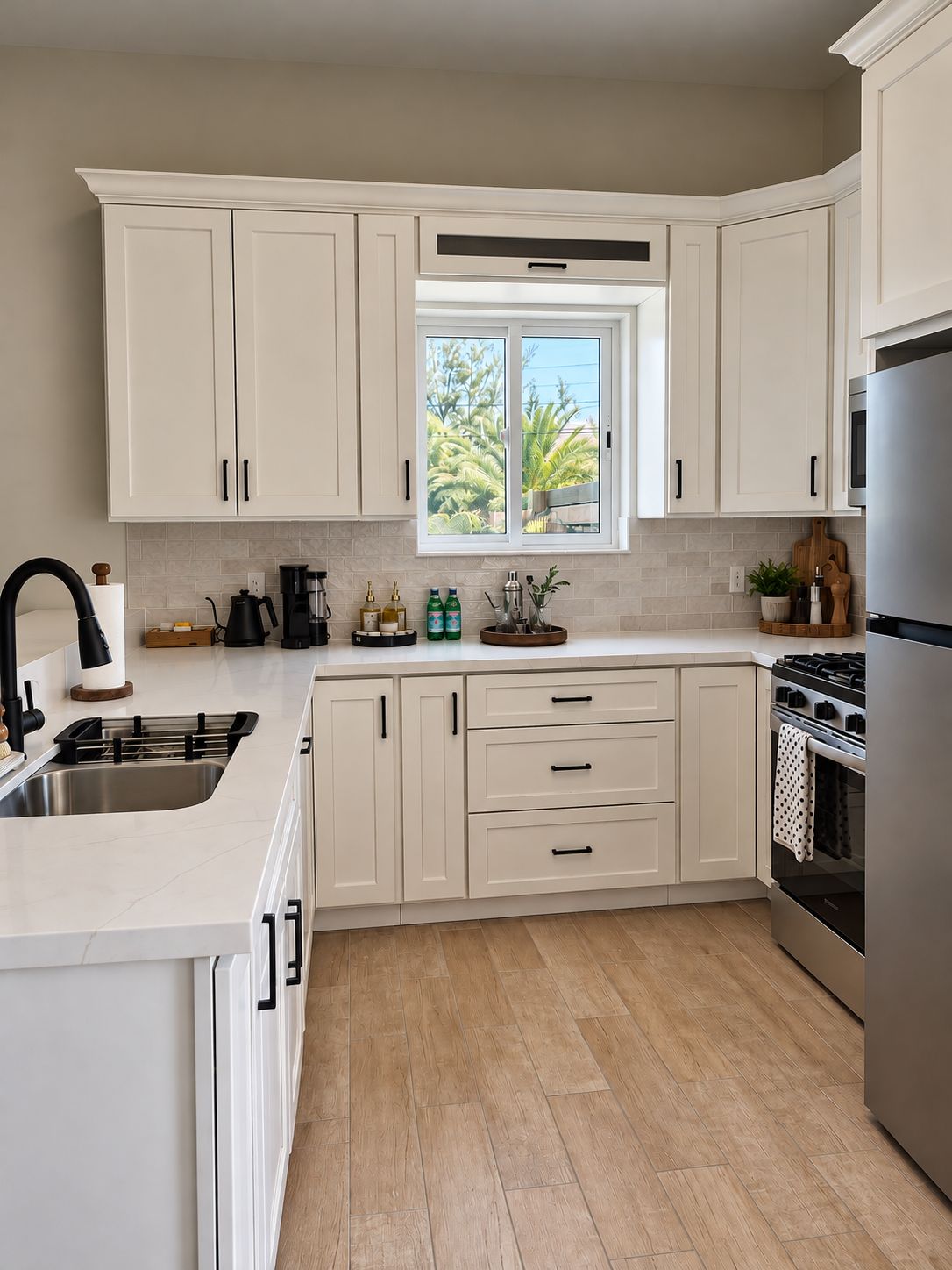 A modern kitchen with white cabinetry, a stainless steel refrigerator, and a window with a view of greenery.