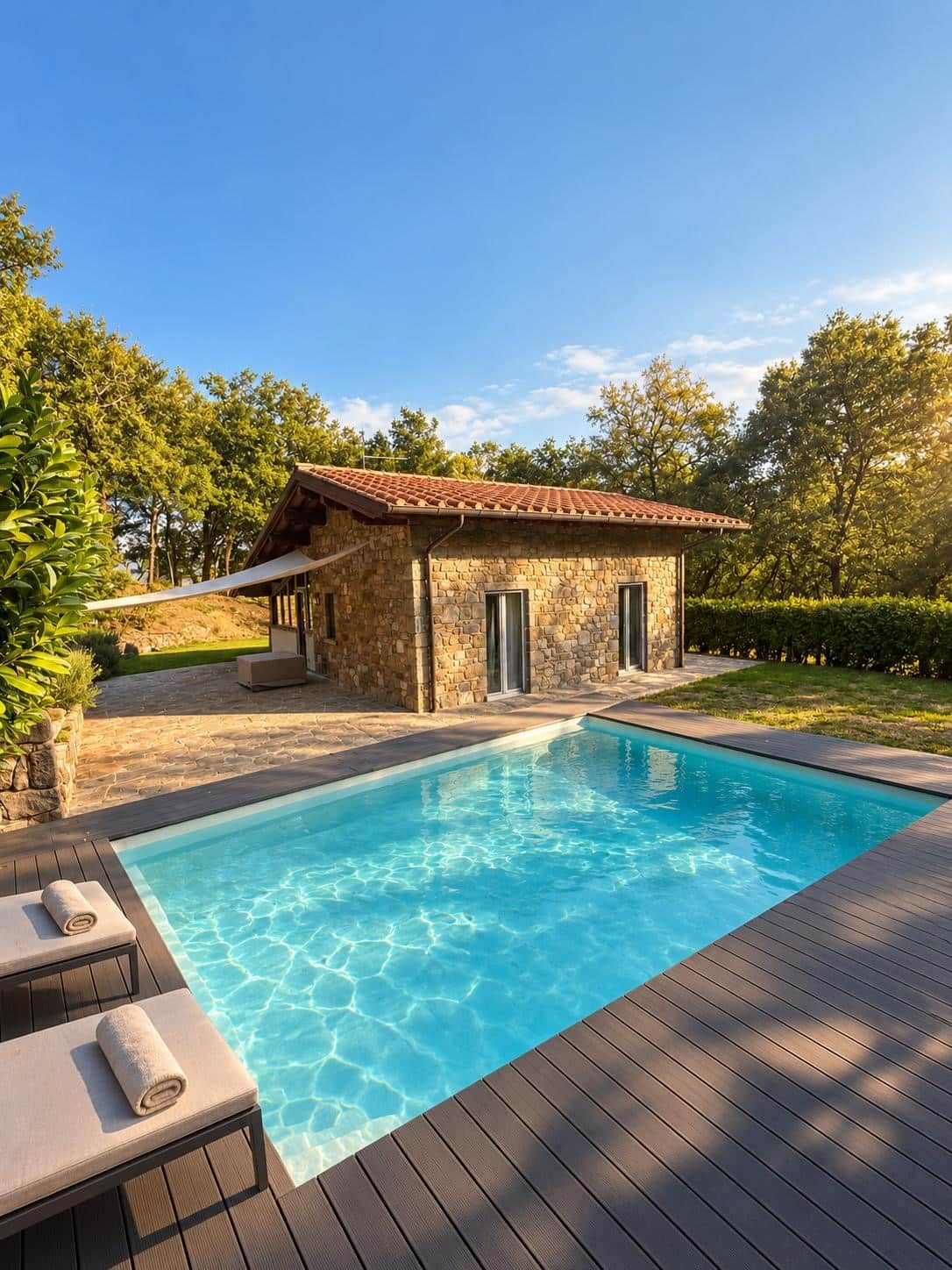 A stone building with a tiled roof, a swimming pool, and a wooden deck with lounge chairs.