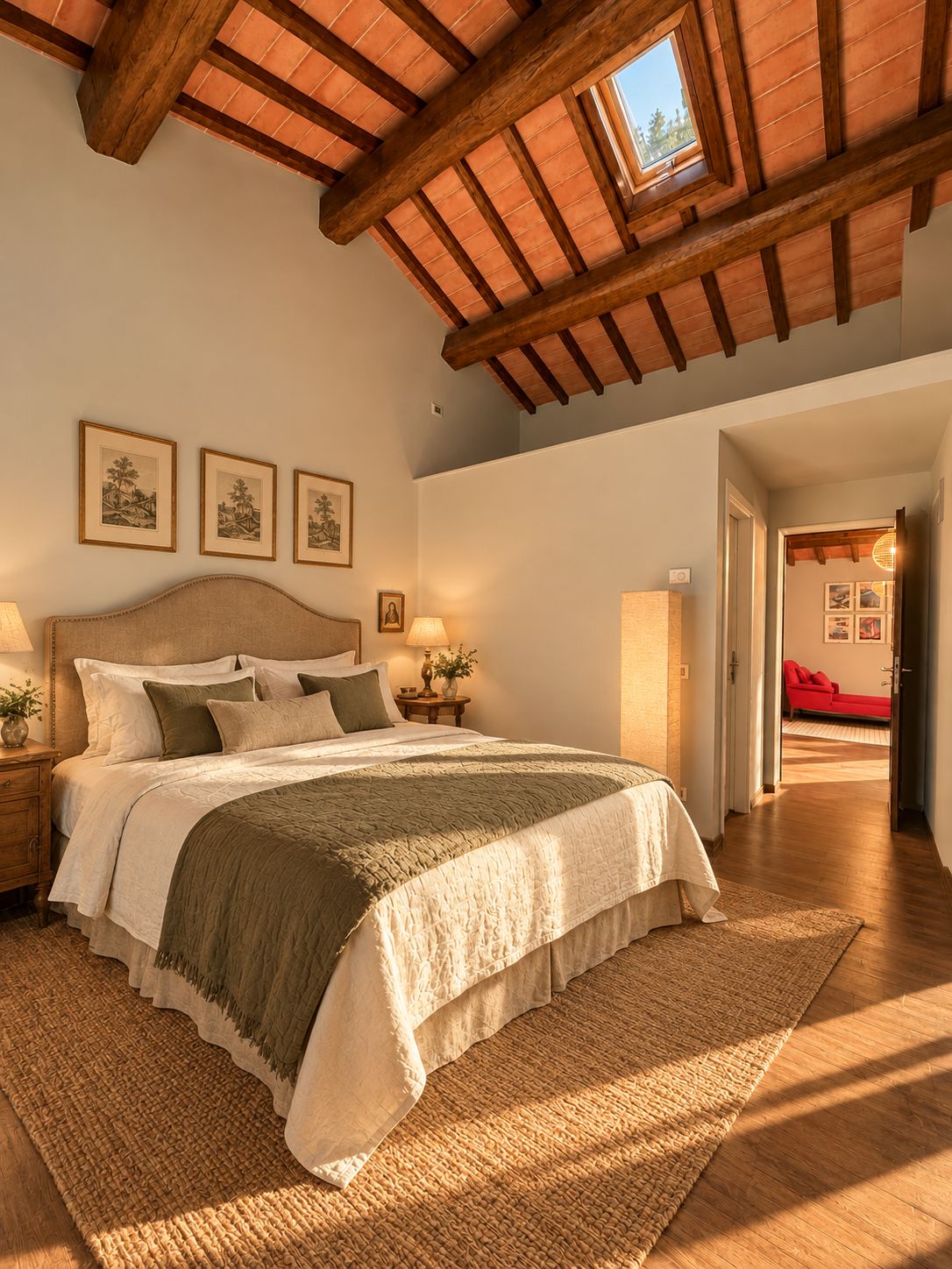 A bedroom with a large bed, wooden beams, a skylight, framed pictures on the wall, and a red sofa in the adjacent room.