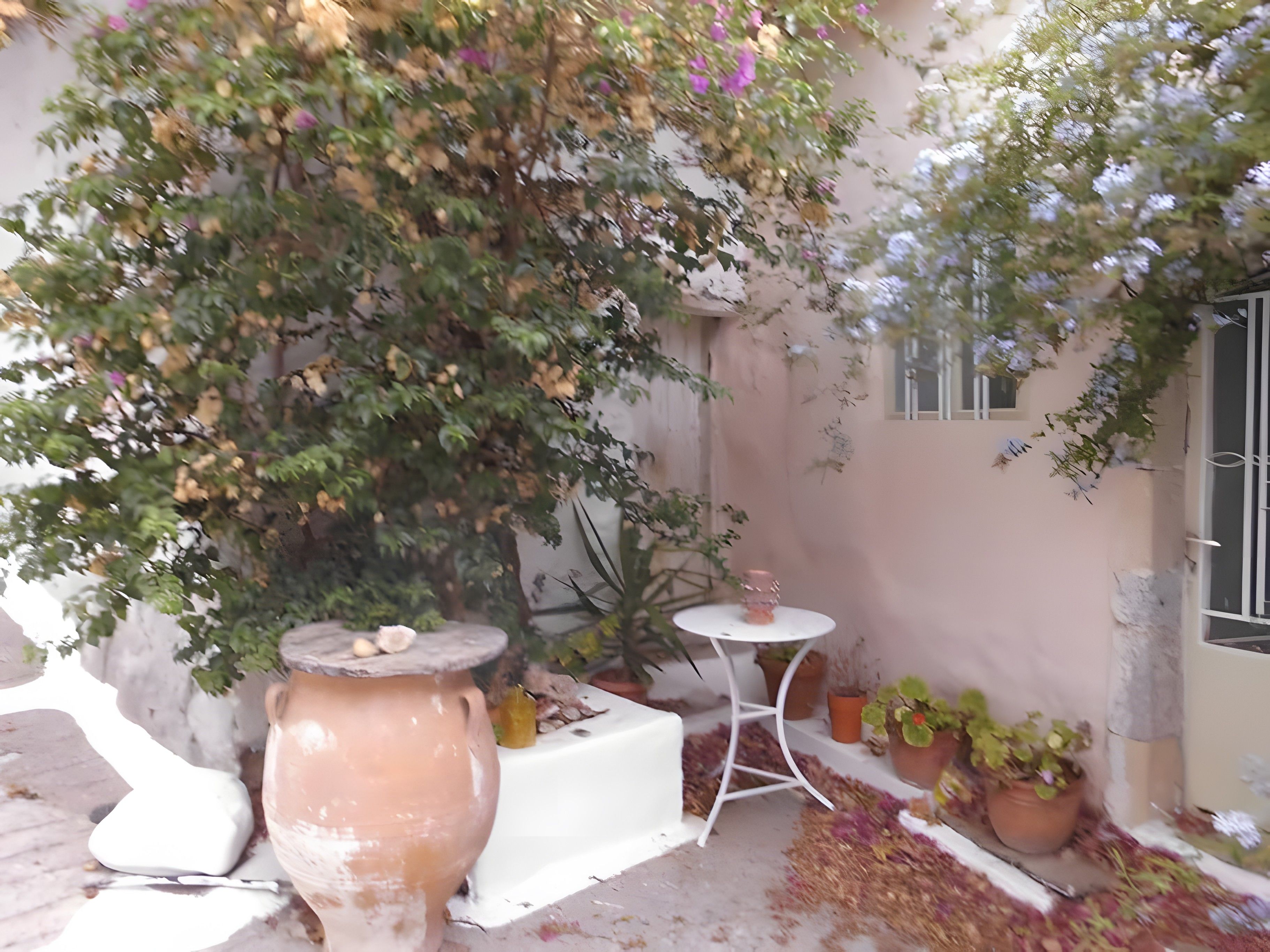 Un patio con una mesa blanca, una maceta de terracota grande y plantas en macetas.