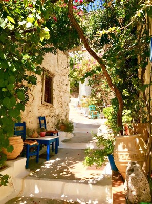 A narrow pathway leading to a white building with blue chairs and a table, surrounded by greenery and potted plants. - Apartment 'Monemvasia Kritsas - -' with Wi-Fi (Κριτσά)