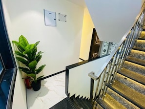 Eine Treppe mit Handlauf, einem Topfpflanzen und einem an der Wand befestigten Lichtschalter.