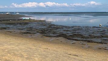 A beach with a sandy foreground, calm water, and boats in the distance.