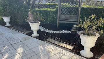 A garden pathway with potted plants and a wooden bench.