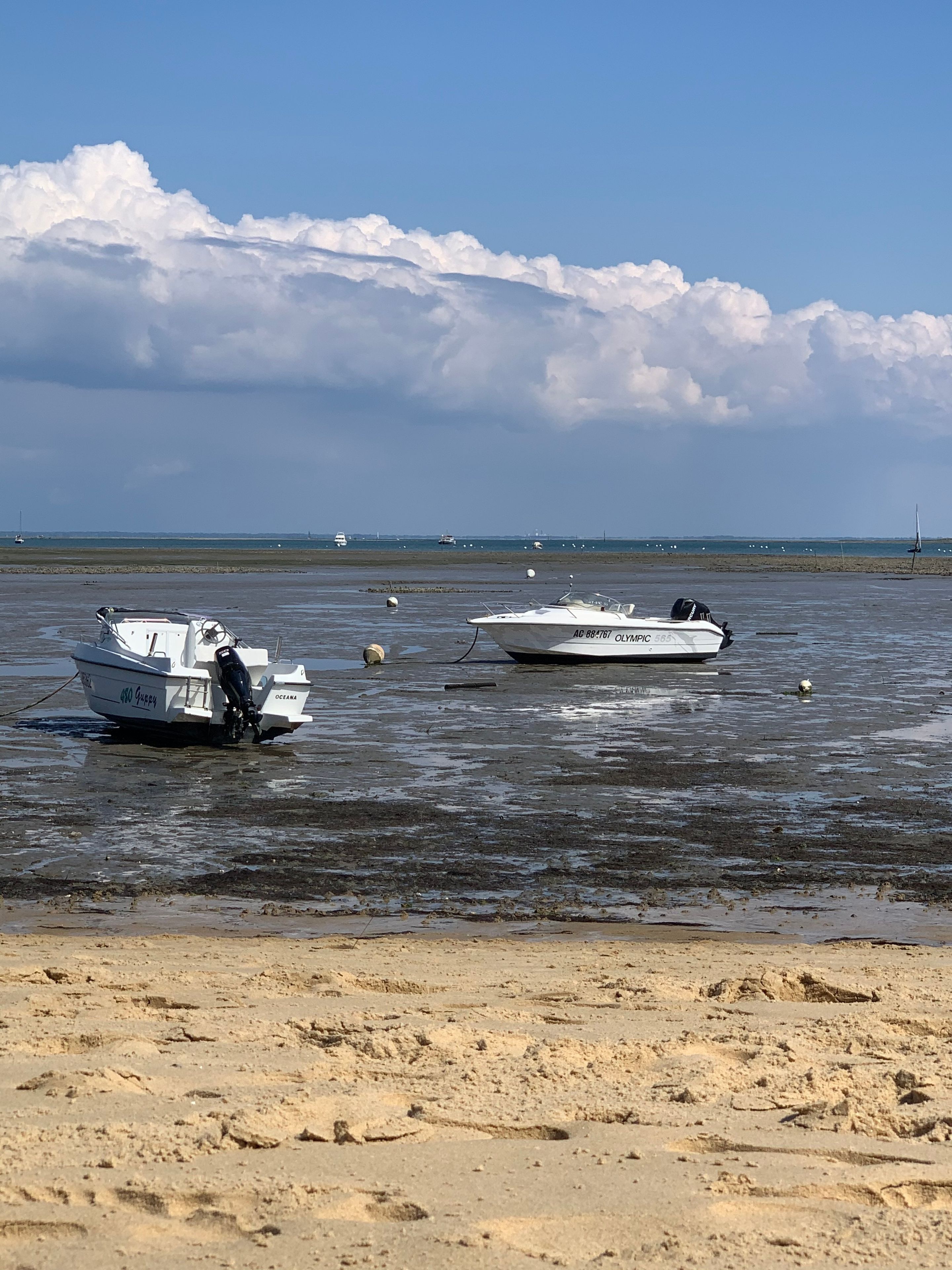 Two boats on a muddy shore with a clear sky above.