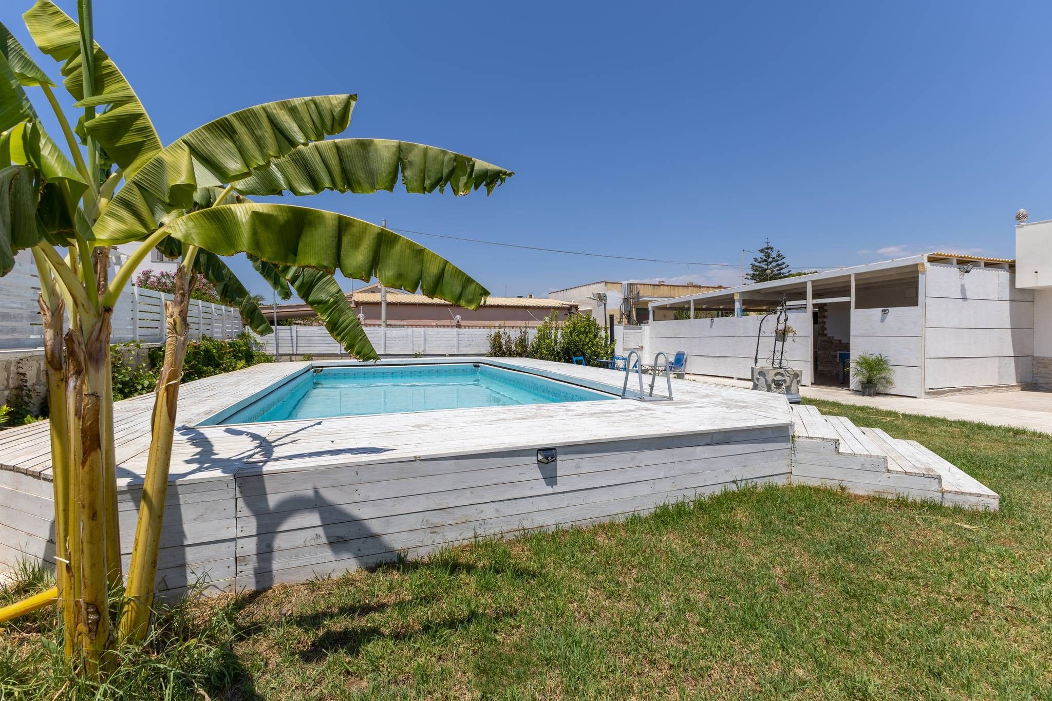 A swimming pool with a wooden deck, a ladder, and a palm tree in the foreground.