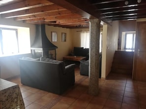 Een woonkamer met een open haard, een bank, een salontafel en een stenen zuil.