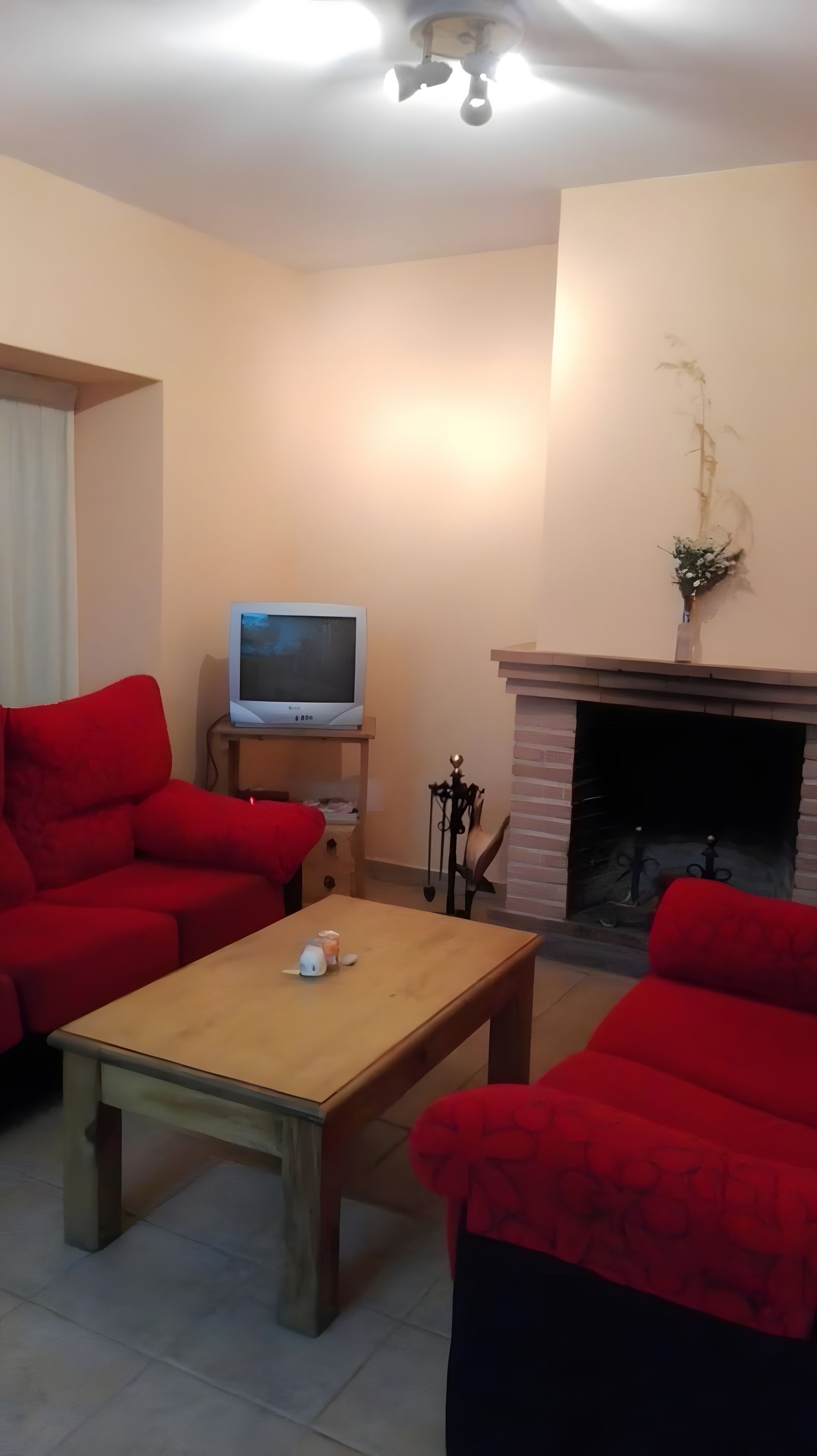Un salon avec une cheminée, un téléviseur posé sur un meuble et deux canapés rouges.