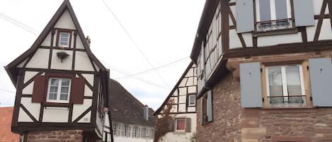 Eine enge Straße mit traditionellen Fachwerkhäusern, ein Storch, der auf einem Gebäude nistet, und ein geparktes Auto im Hintergrund.