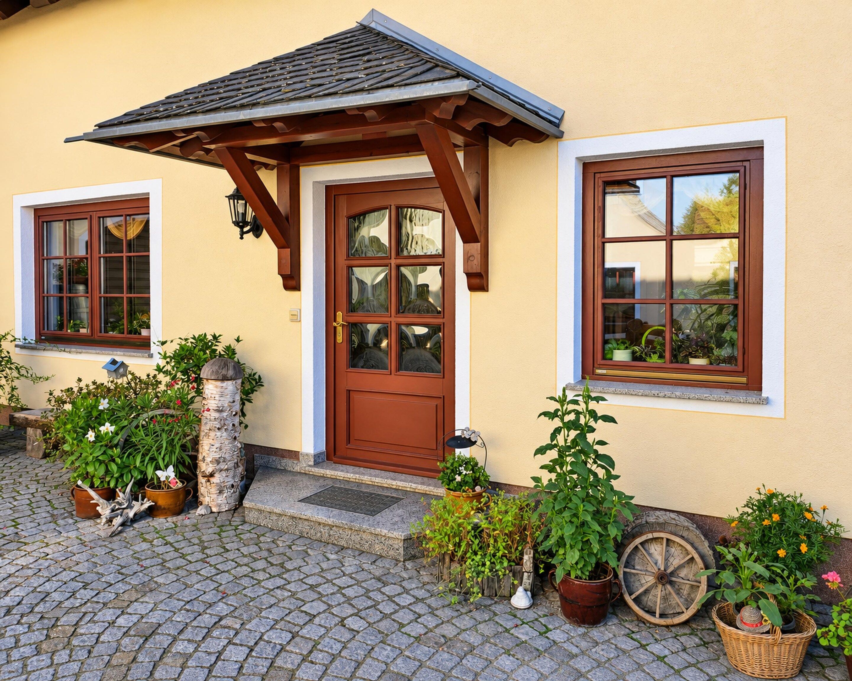 A house with a brown door, two windows, a porch with a roof, and various potted plants.