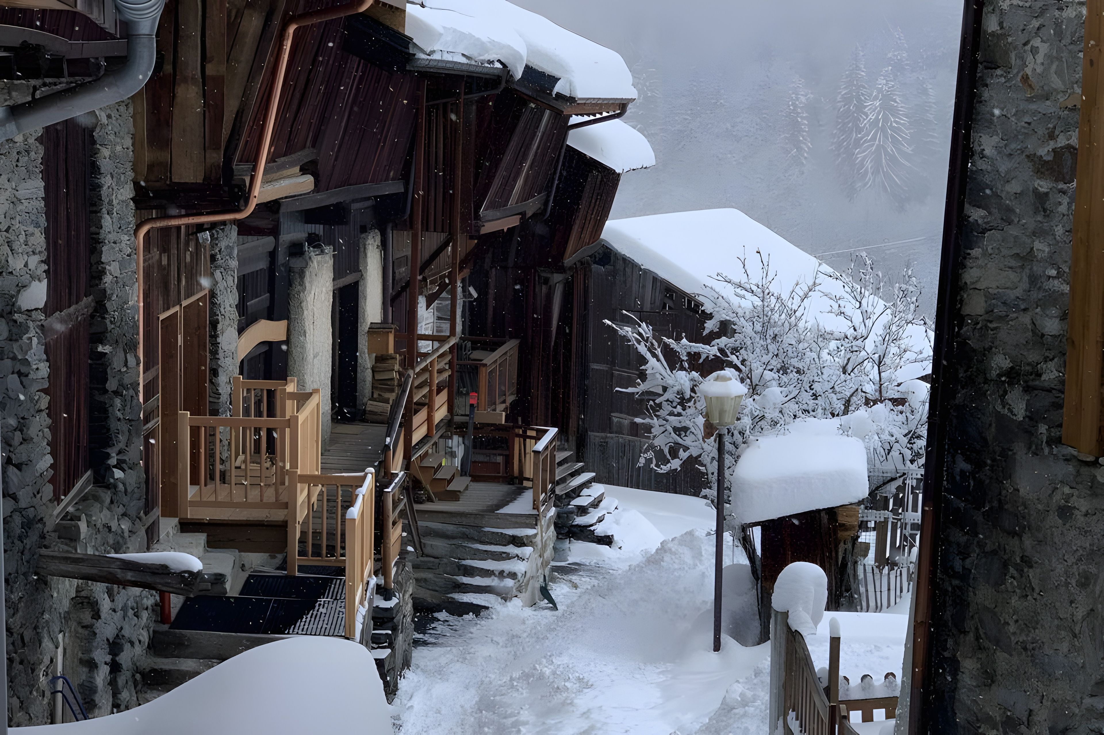 Un edificio de madera con una escalera que lleva a un porche, rodeado de árboles cubiertos de nieve.
