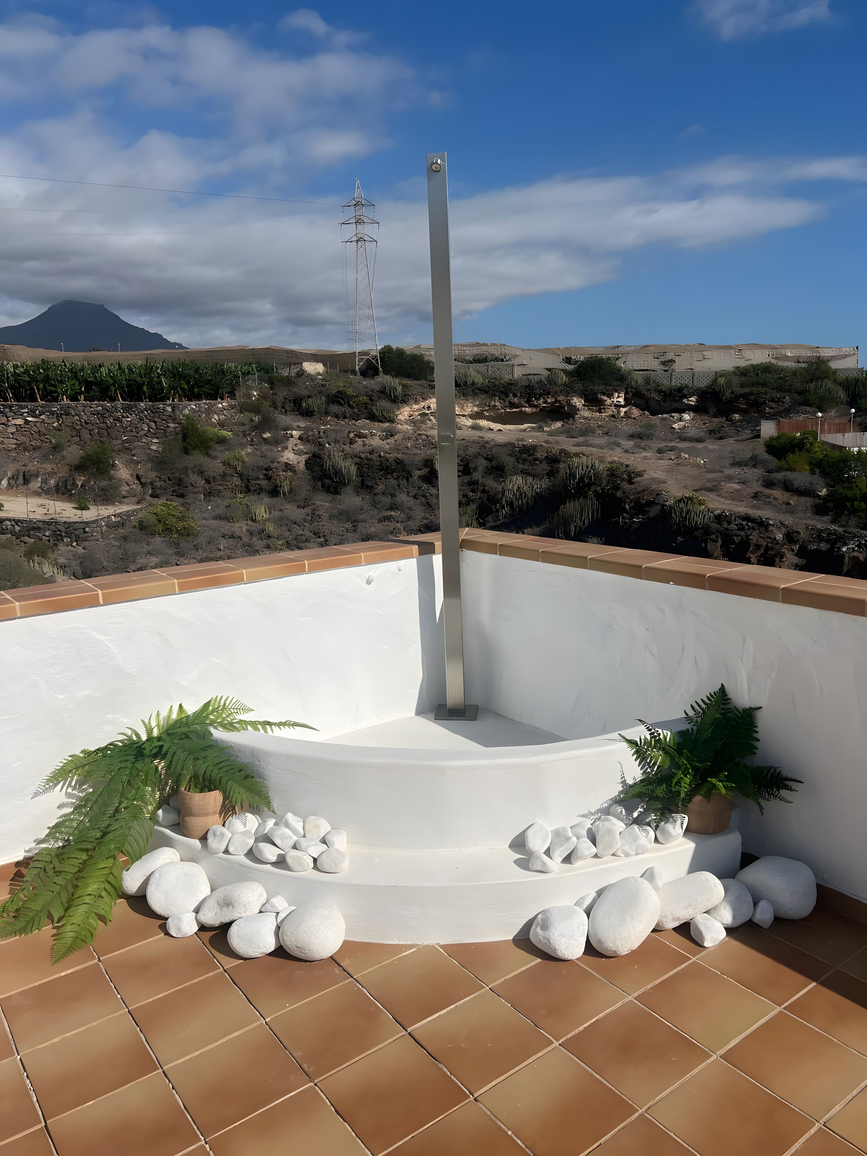 Terraza en la azotea con pared blanca, un poste metálico y plantas en macetas.