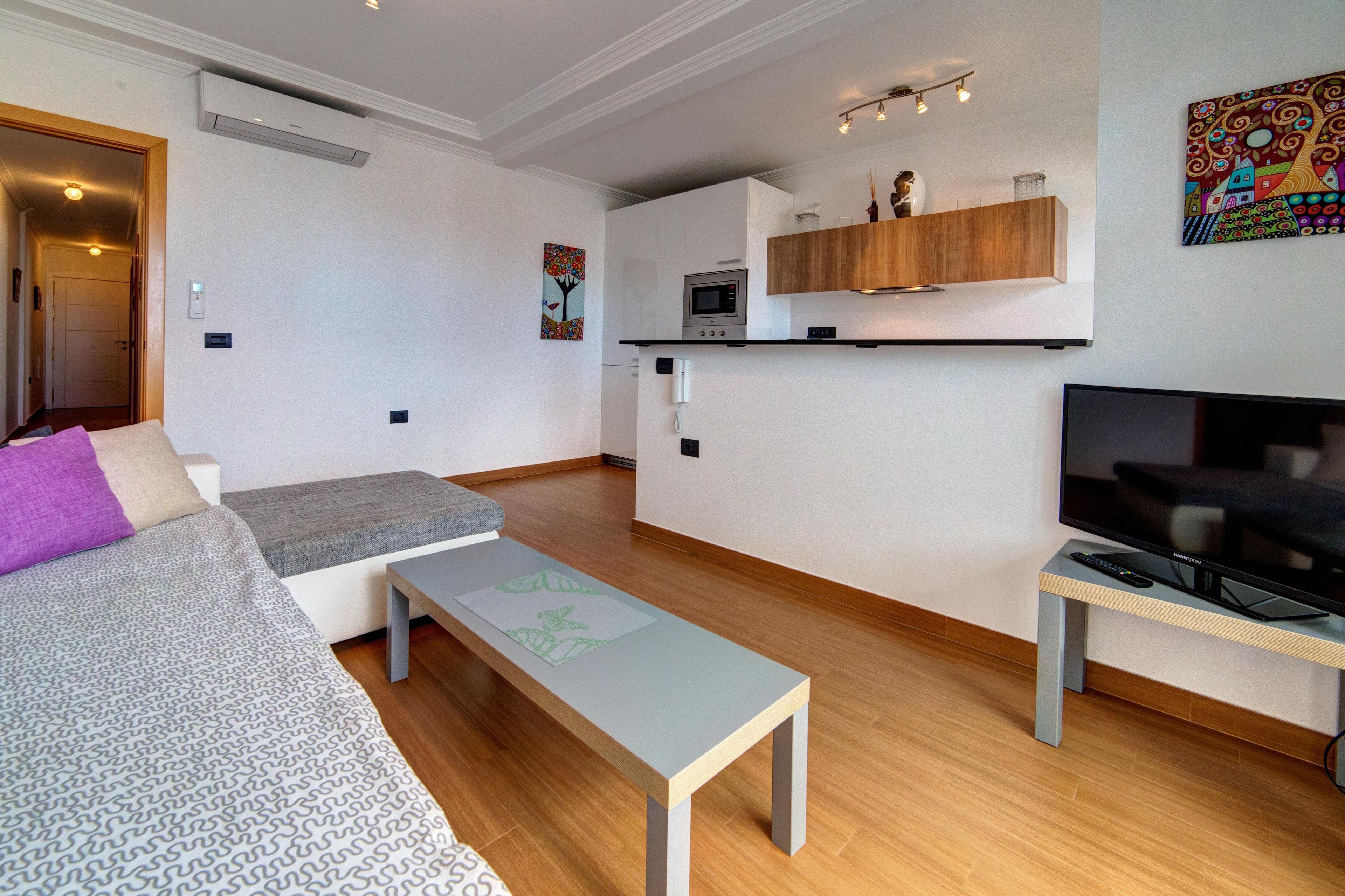Een modern appartement met een woonkamer, kitchenette en een televisie.