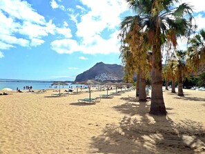 Een strand met ligbedden en parasols, palmbomen en een berg op de achtergrond.