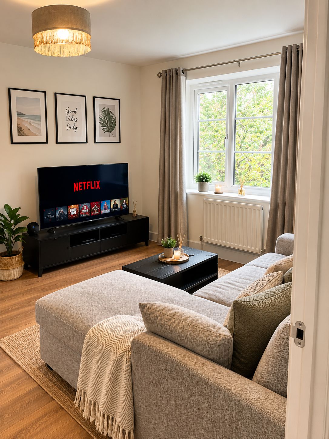A living room with a flat-screen TV displaying Netflix, a sofa, a coffee table, and a large window with curtains.