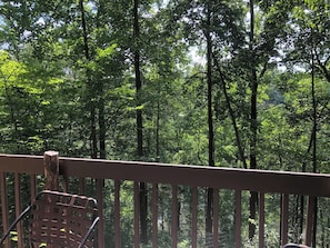 A wooden deck with a metal railing, overlooking a dense forest. - Acorn Cottage at Saluda River Farms (Greenville)