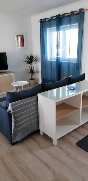 Een moderne woonkamer met een bank, een glazen salontafel, een plant in pot en een televisietoestel.