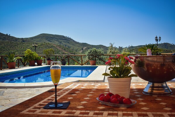 Escena relaxant al costat de la piscina amb una copa de vi, un bol de fruita i plantes en testos.