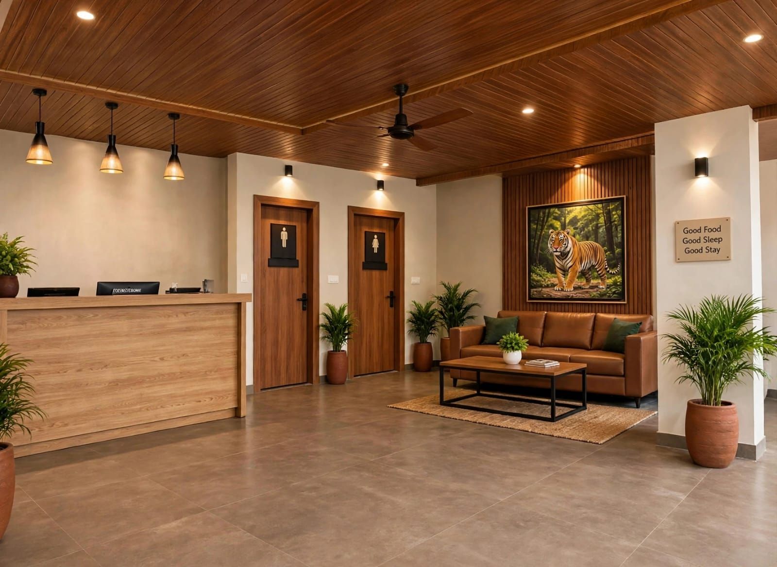 A reception area with a wooden reception desk, two doors with gender symbols, a sofa, a coffee table, and a painting of a tiger.