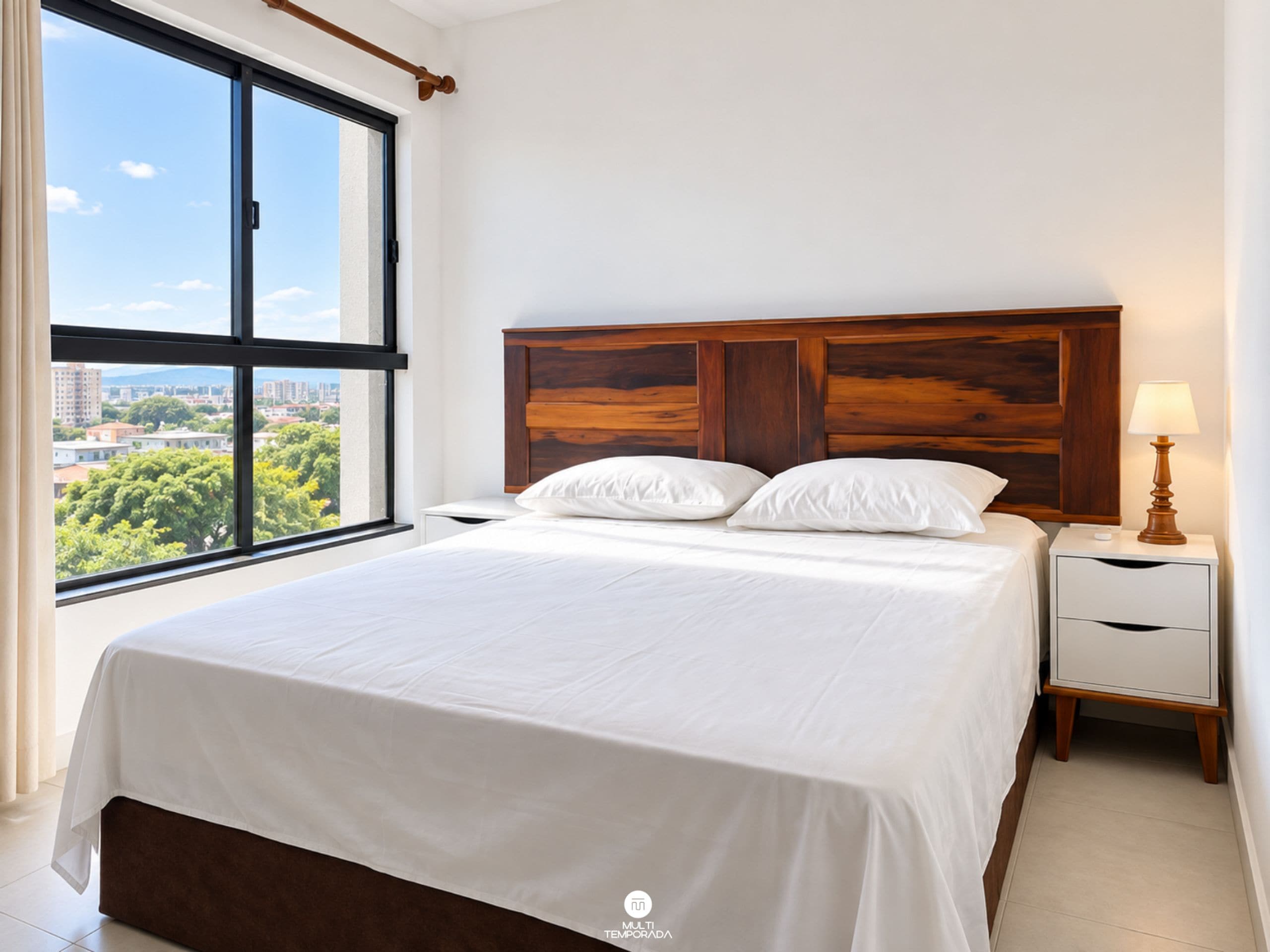 A hotel room with a large bed, a nightstand, a lamp, and a window with a city view.