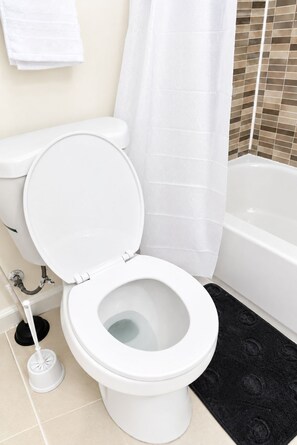 A white toilet with a closed lid, a black floor mat, a white plunger, and a white towel hanging on the wall. - Modern DC Basement WiFi - Free Parking (Washington)