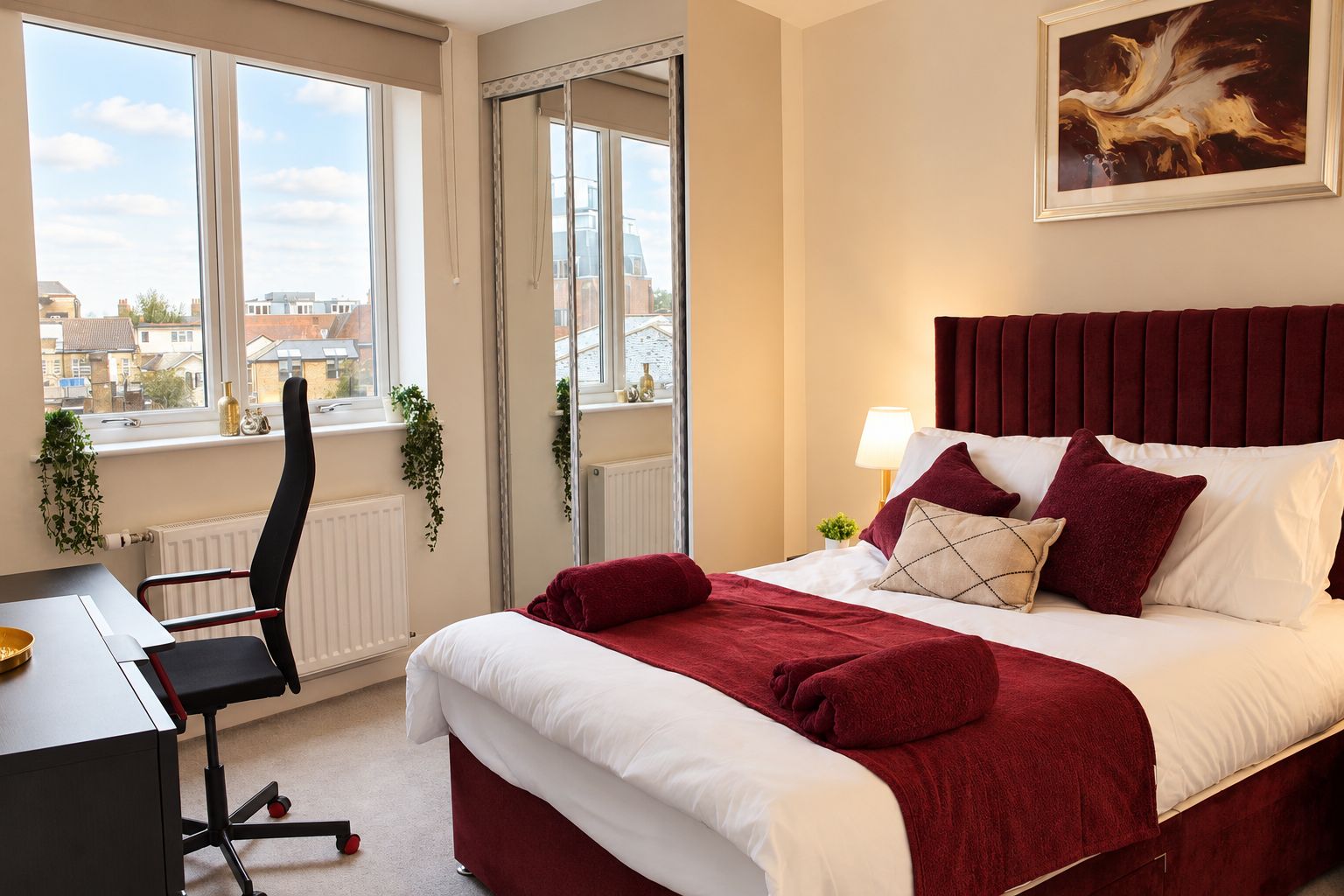Een hotelkamer met een bed, een bureau en een stoel. Er is een raam met uitzicht op gebouwen.