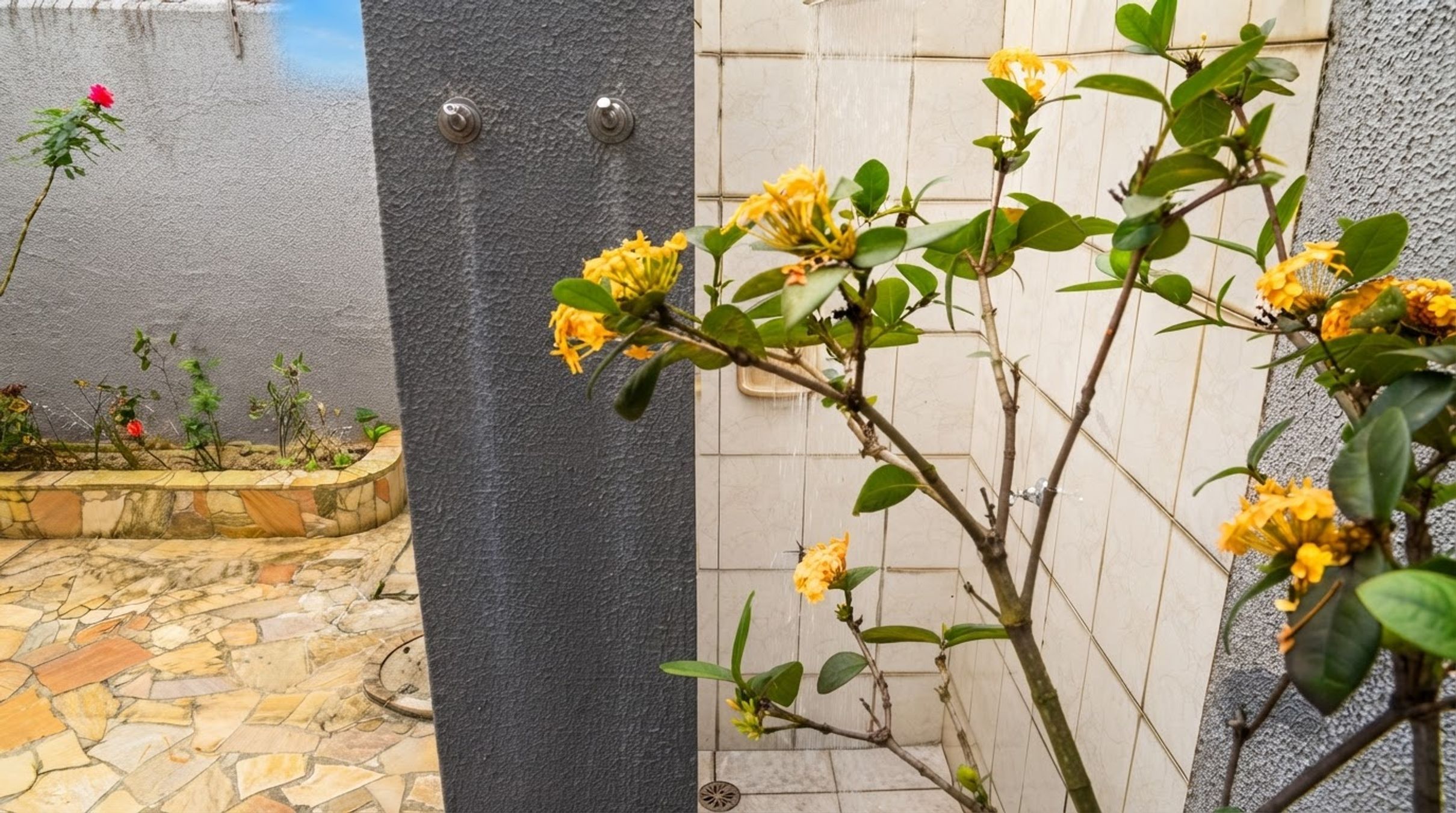 A stone-tiled courtyard with a plant with yellow flowers, a grey pillar, and a tiled wall.
