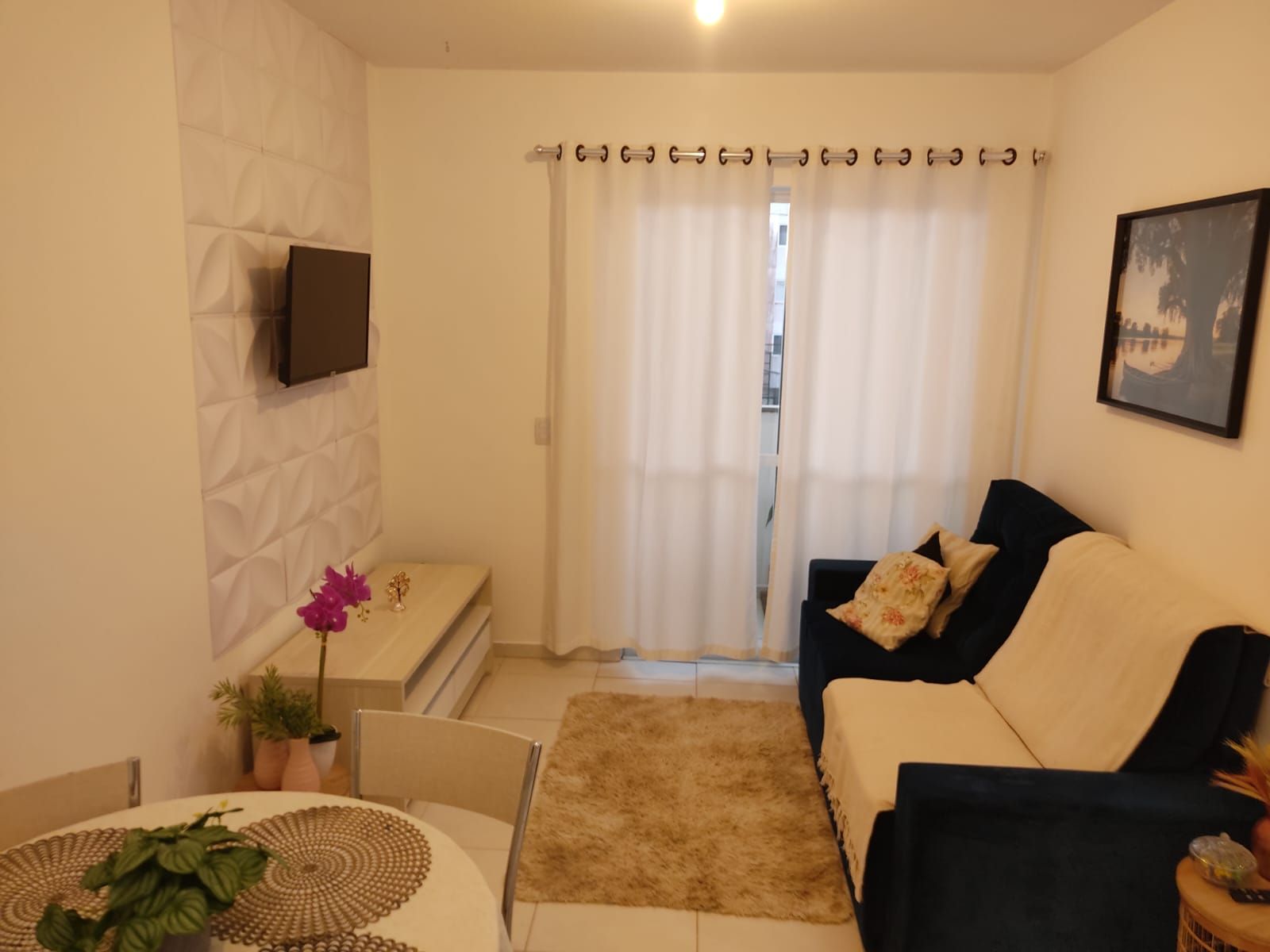 Una sala de estar con un sofá, un televisor montado en la pared, una mesita con una planta y vistas a través de una ventana con cortinas.
