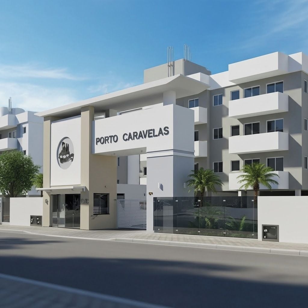 Un edificio moderno con un letrero que dice 'PORTO CARAVELAS'.