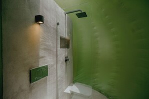 Une douche moderne dotée d’une paroi en verre, d’un luminaire fixé au mur et d’un pommeau de douche à main.