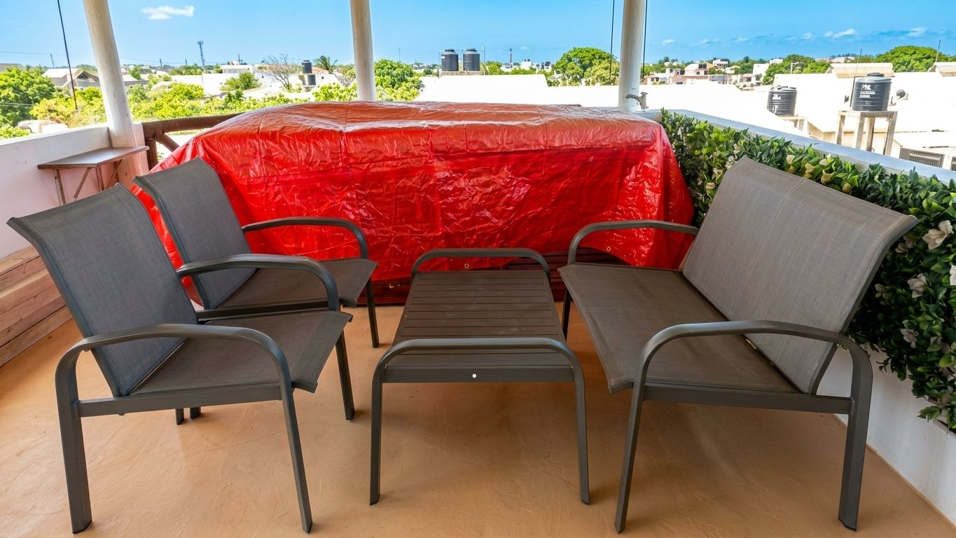 Una terrazza con un tavolo e due sedie rivestiti di rosso, con vista su una zona residenziale.