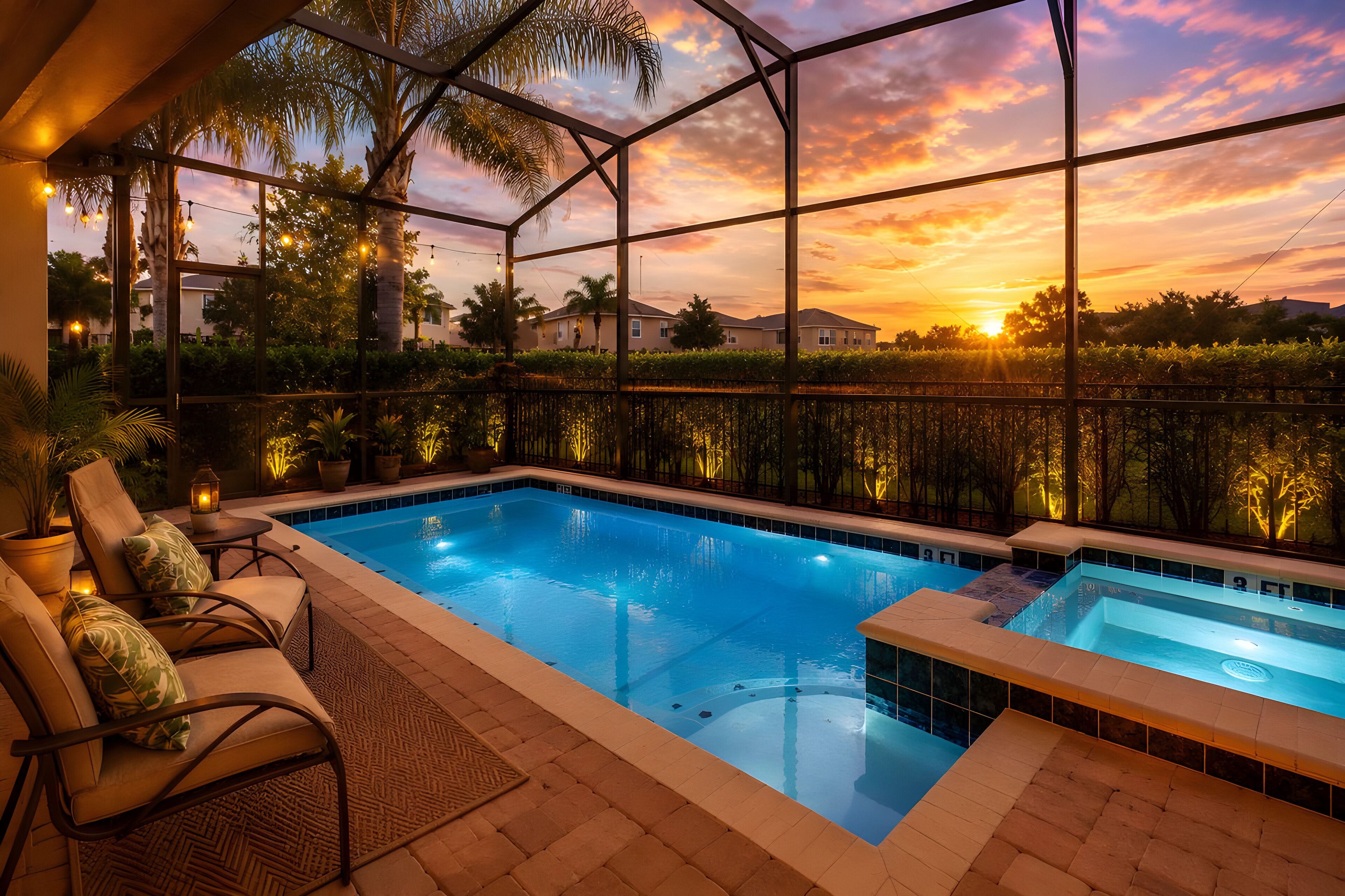 A swimming pool with a view of a sunset, surrounded by palm trees and a fence.