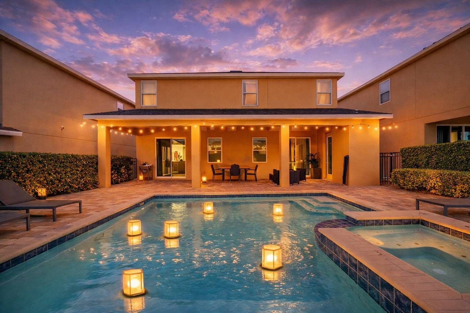 A swimming pool with a patio area, outdoor furniture, and string lights.