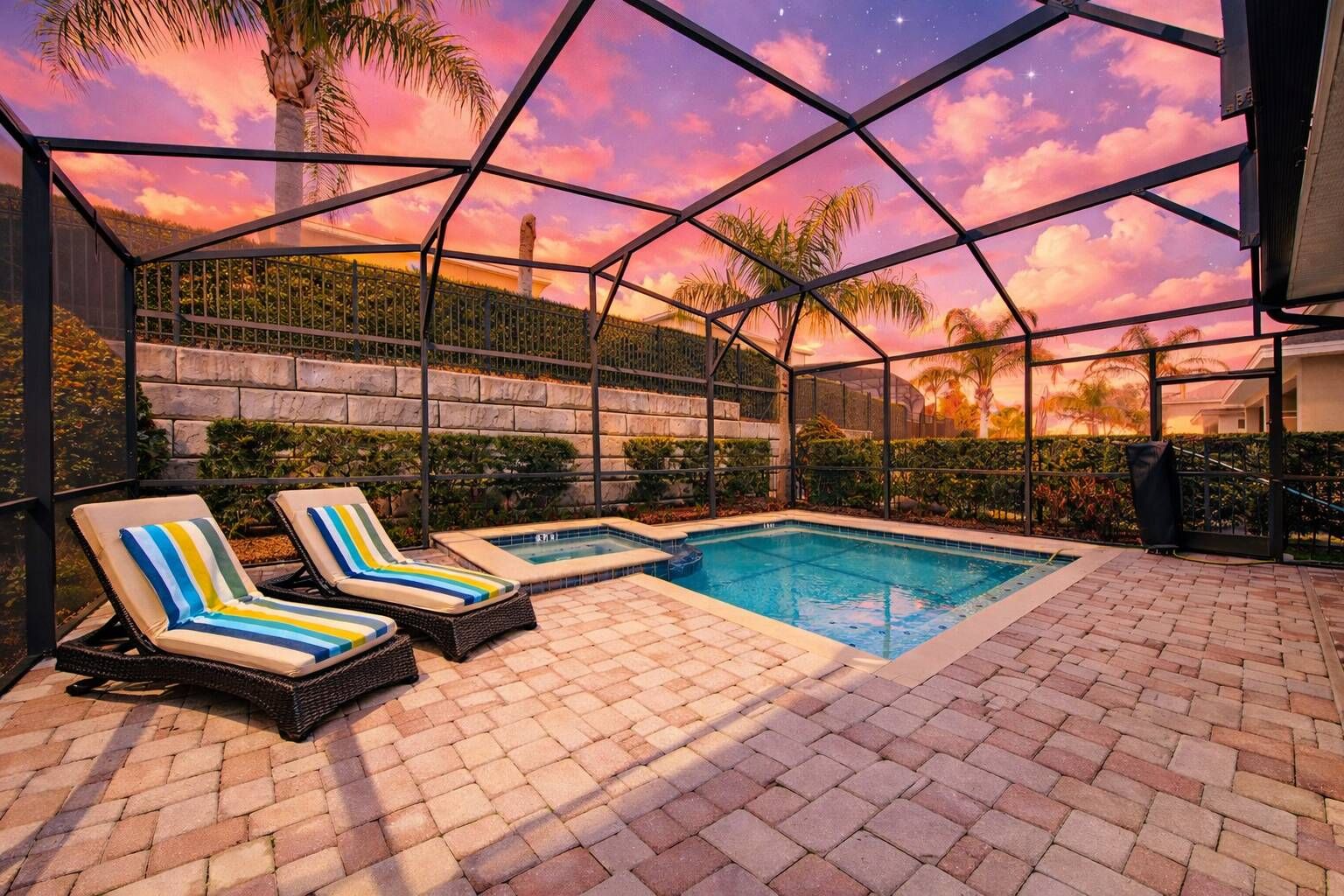 A covered outdoor swimming pool with lounge chairs and a stone wall backdrop.