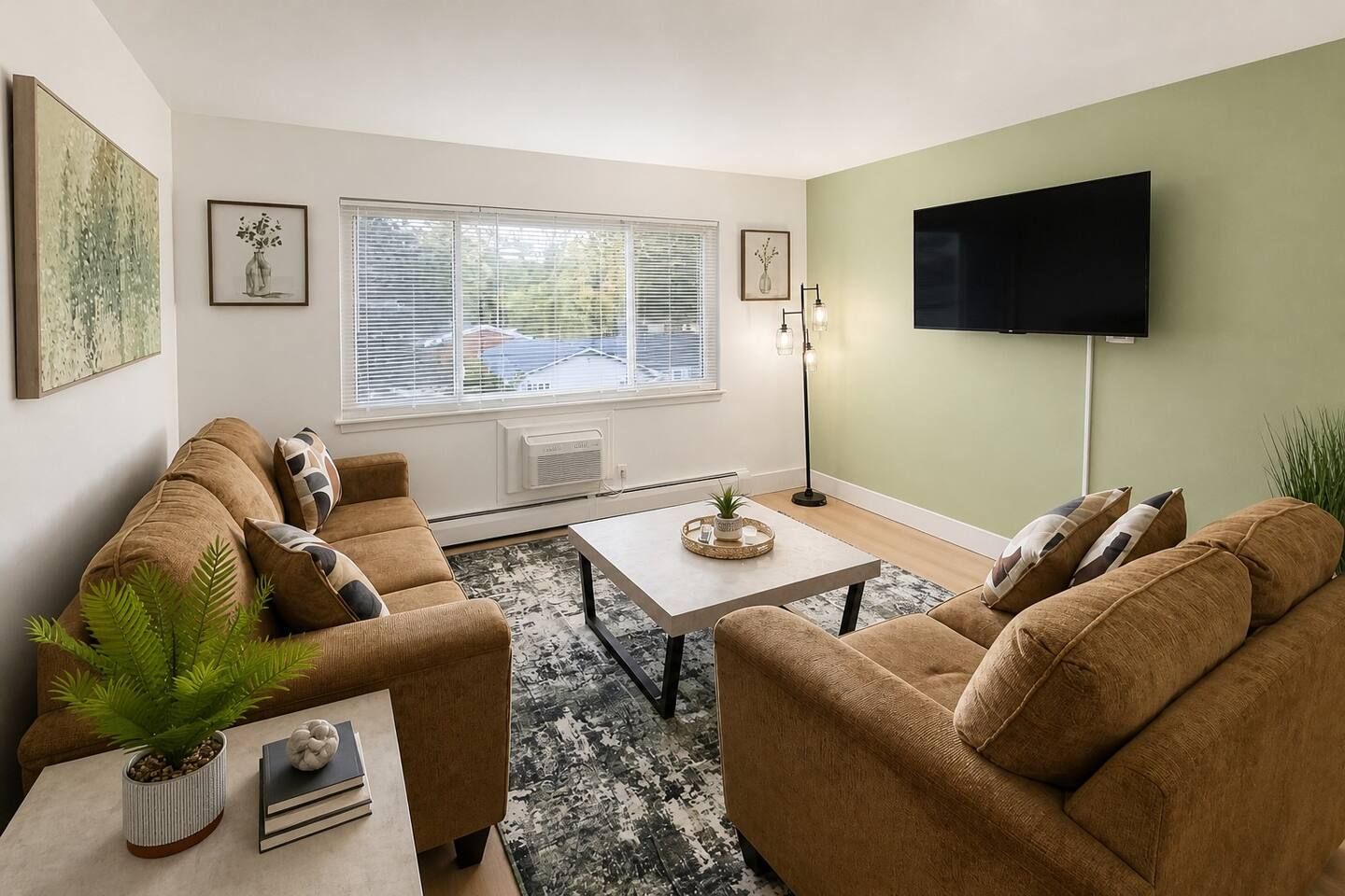 A living room with a sofa set, a coffee table, a flat-screen TV, and a large window with blinds.
