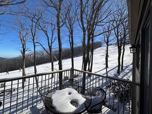 Cubierta nevada con una silla y barandilla metálicos, con vista a un paisaje invernal de árboles y cielo despejado.