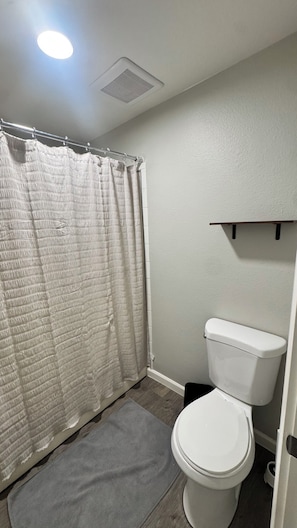 Une salle de bain avec un rideau de douche, des toilettes, une petite étagère et un luminaire au plafond.