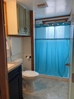 Ein Badezimmer mit Toilette, Waschbecken, Schrank und Duschvorhang.