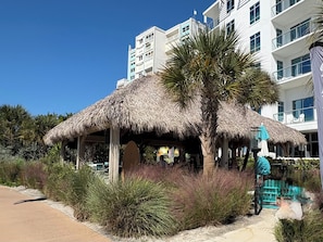 A beachfront building with a thatched roof structure, surrounded by tropical vegetation and a clear blue sky. - Boca Ciega Bay Hideaway - Rest, Relax, Renew (Treasure Island)