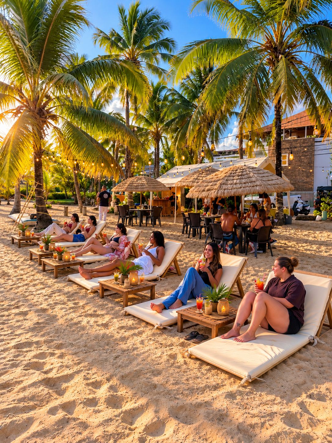 A beachside lounge area with sun loungers, thatched umbrellas, and outdoor seating.