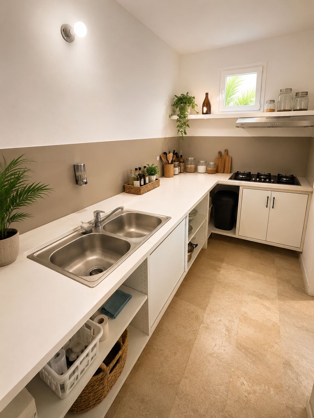 A modern kitchen with a double sink, a stove, and a window with a view of greenery.