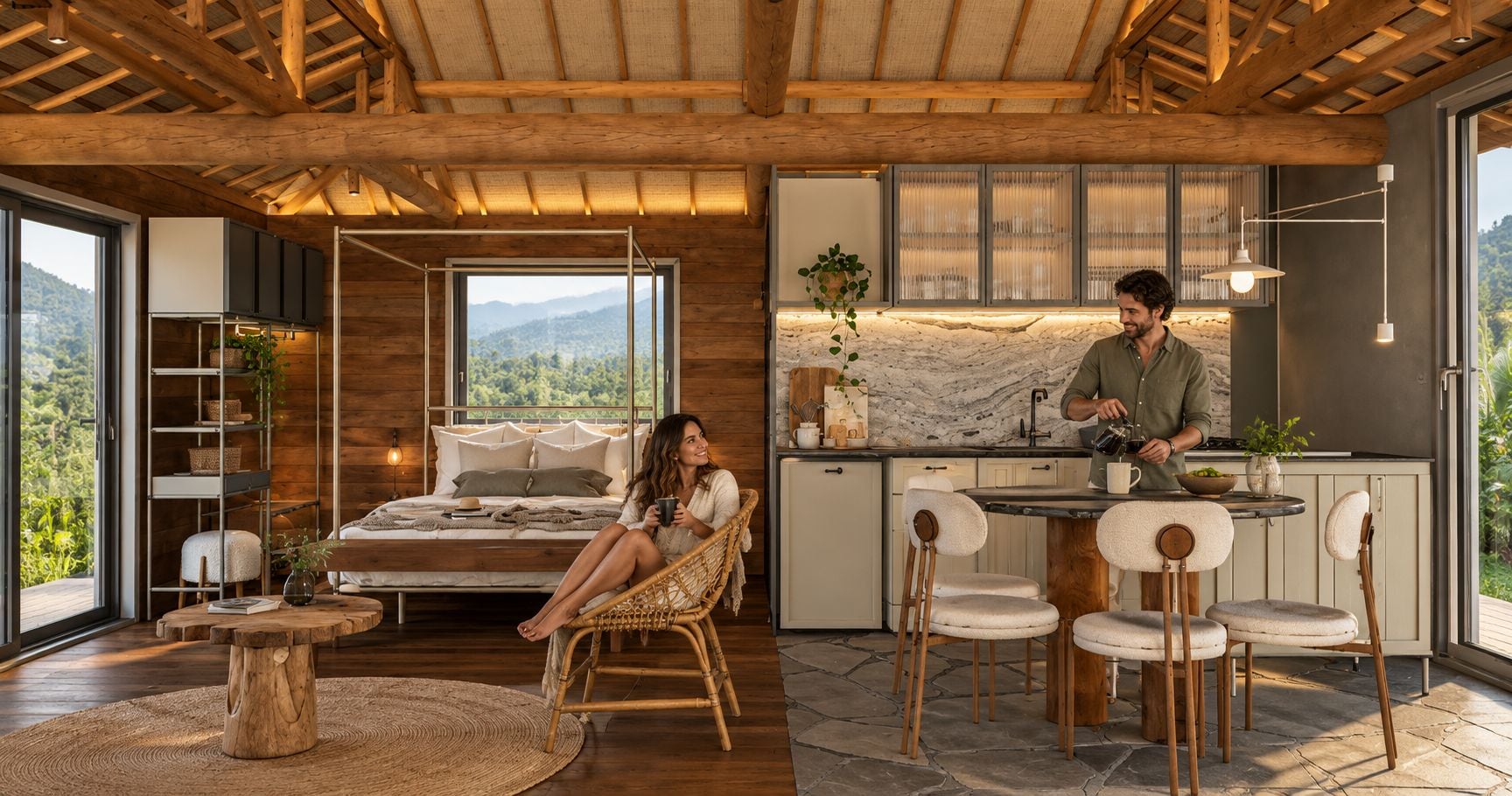 Un interior moderno con cama, zona de comedor y cocina.
