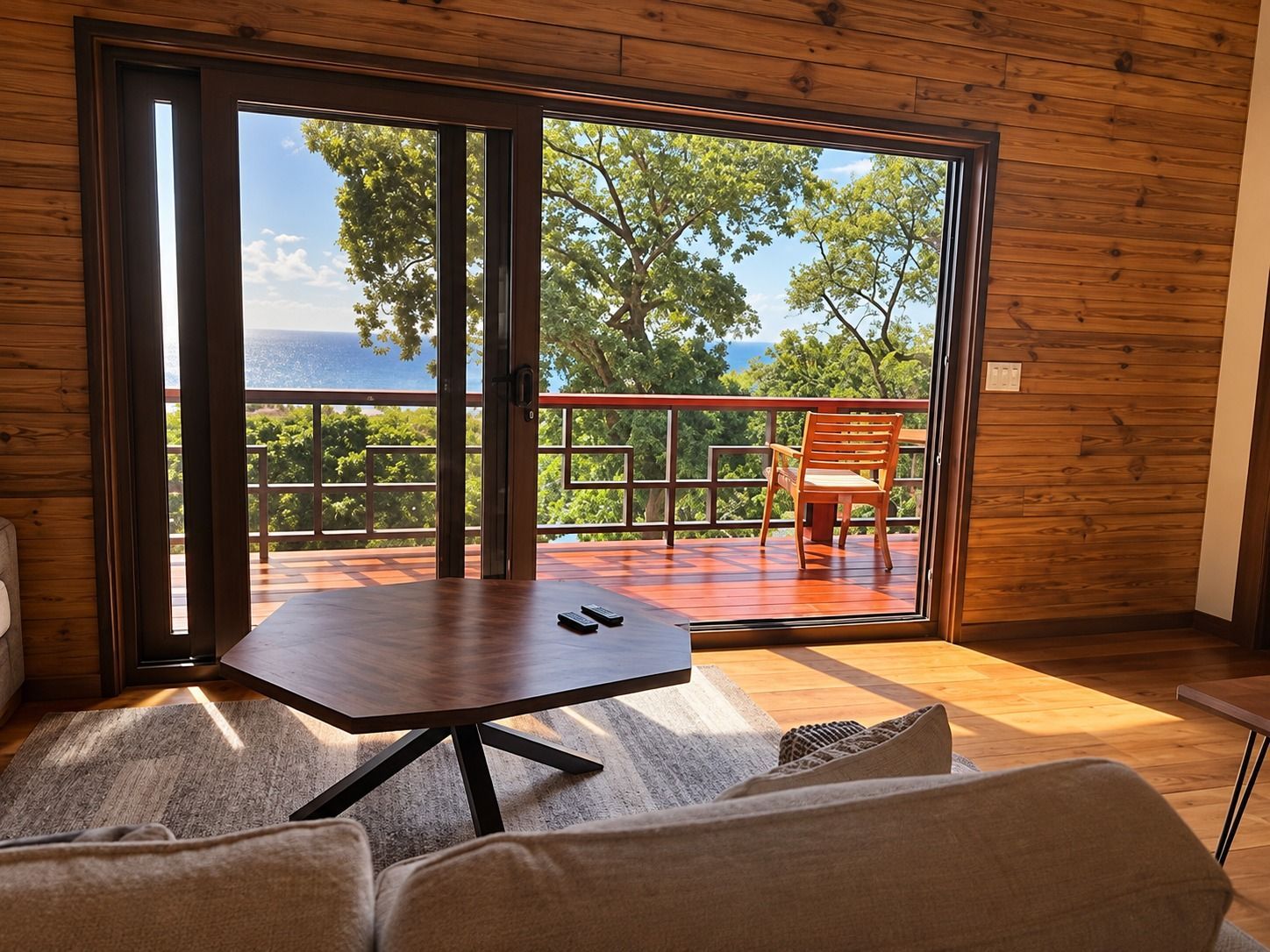A room with a large sliding glass door leading to an outdoor deck with a view of trees and a body of water.