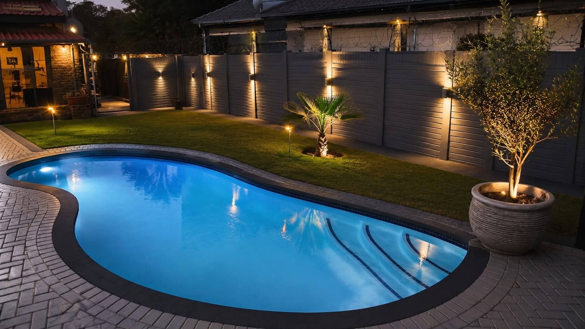 A swimming pool with a curved edge, surrounded by a brick patio.