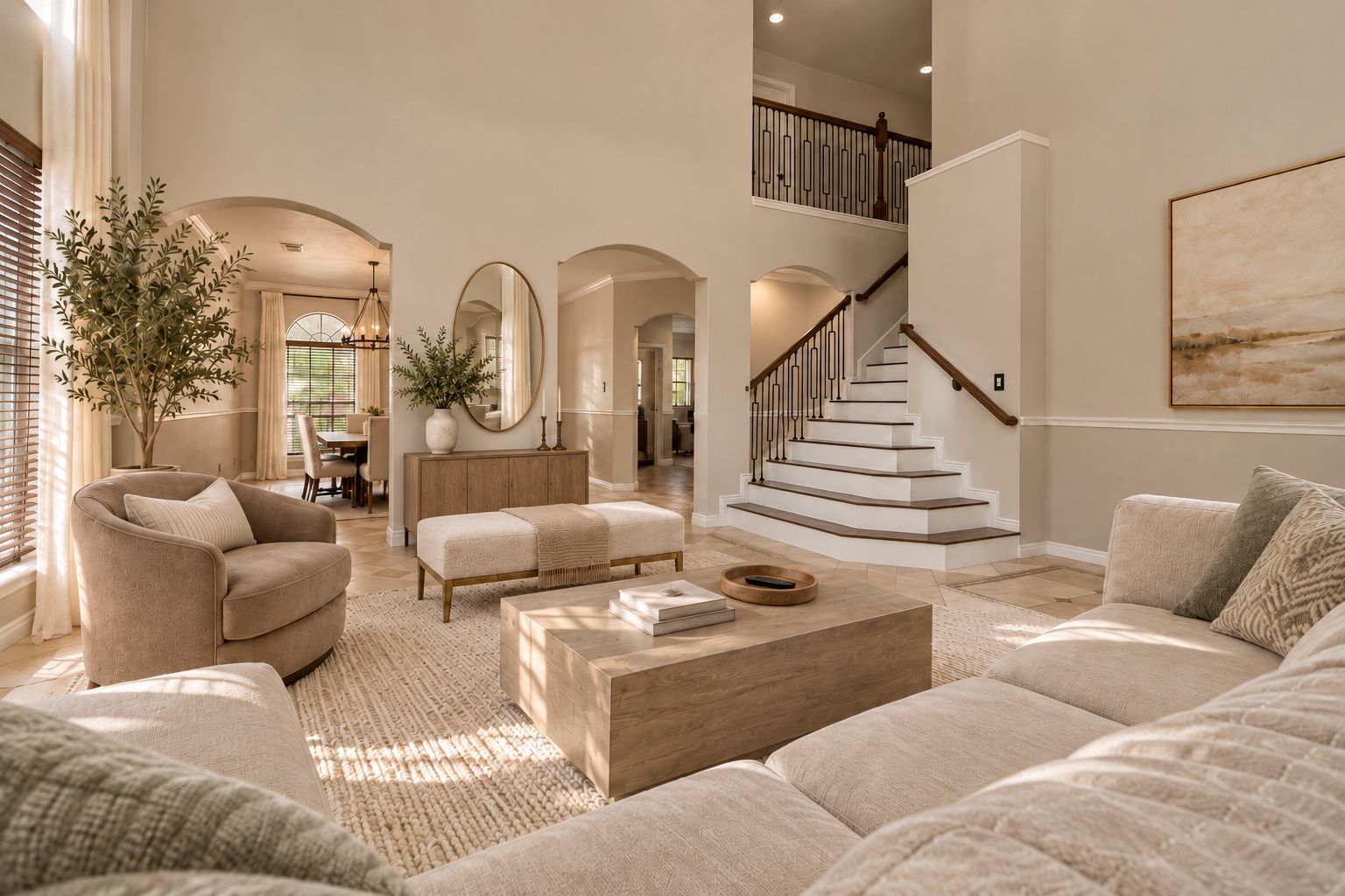 A spacious living room with a staircase, a large mirror, and a dining area.